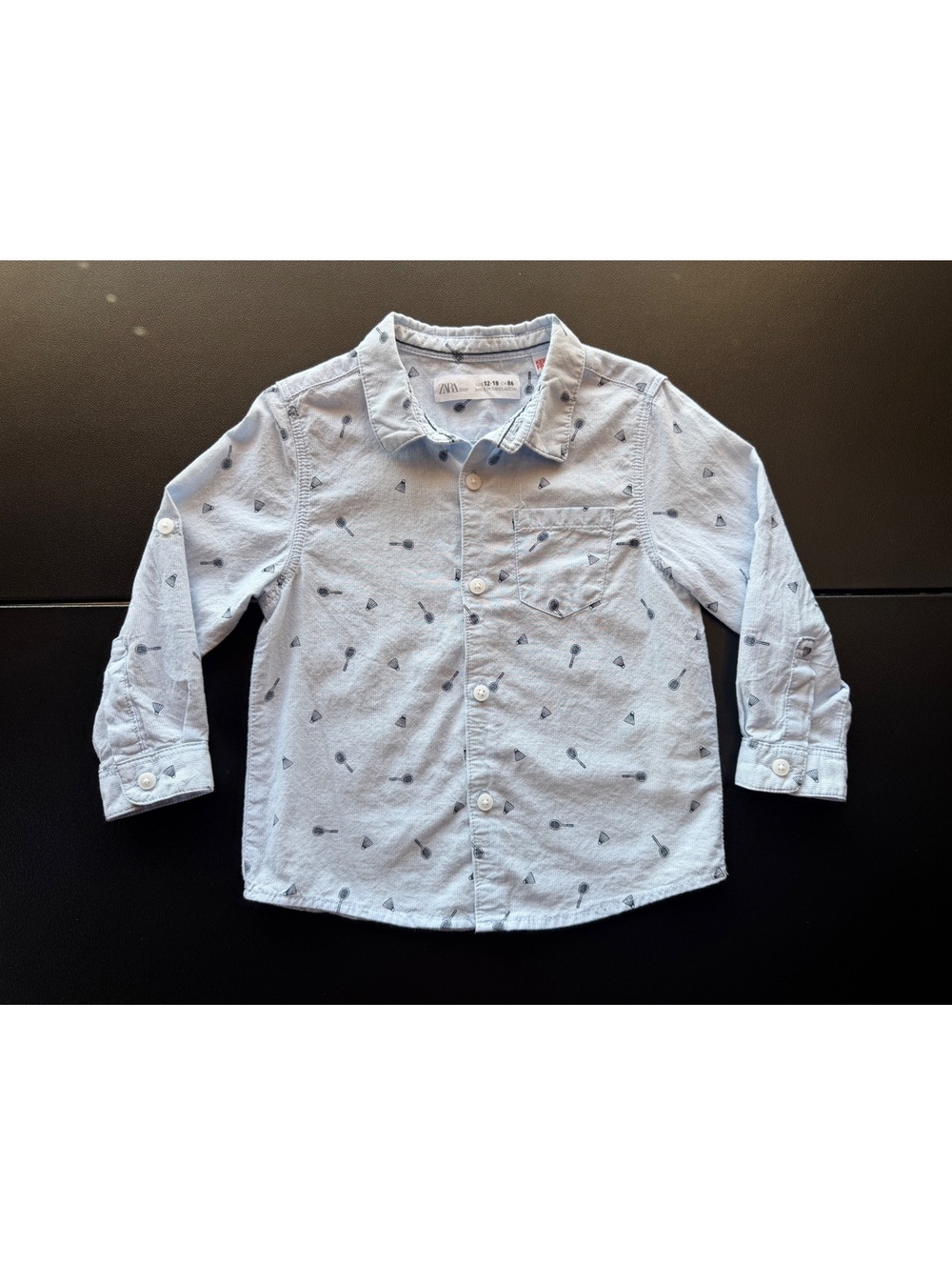 Zara Baby Boys Shirt 12-18M 86 Blue Badminton Racket Print Cotton Button Down